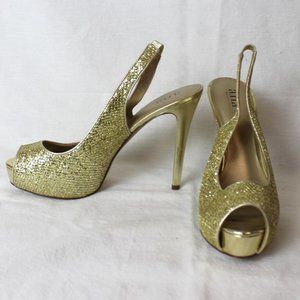 Ana Nora Platino Gold Slingback Heels Size 10M Glitter Peep Toe 023-5745